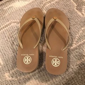 Tory Burch tan wedge flip flops